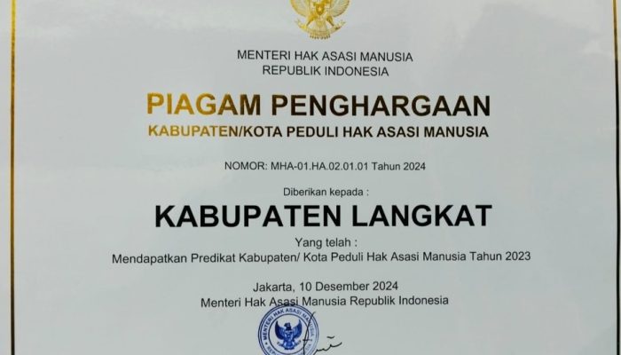 Pemkab Langkat Raih Piagam Kabupaten Peduli HAM Nasional 2024: Bukti Nyata Komitmen & Kolaborasi
