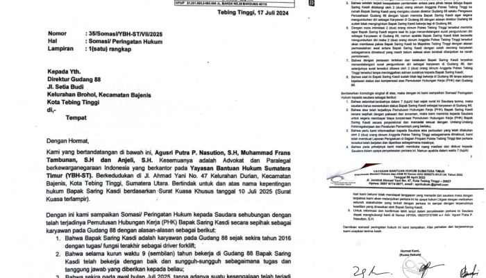 ‎Yayasan Bantuan Hukum Sumatera Timur Layangkan Somasi ke UD Karya Utama, Desak Penyelesaian PHK Sepihak dan Intimidasi terhadap Karyawan  ‎