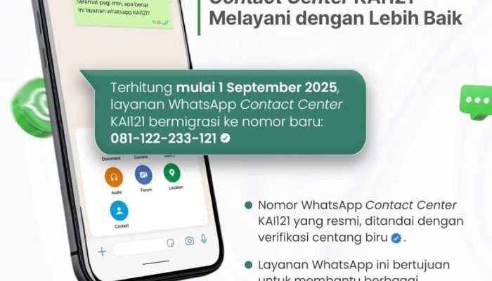 KAI Sumut Umumkan Perubahan Nomor WhatsApp Contact Center KAI121 Mulai 1 September 2025